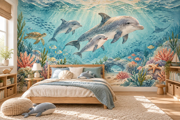 Watercolor Dolphin Family Ocean Wall Mural, image 2