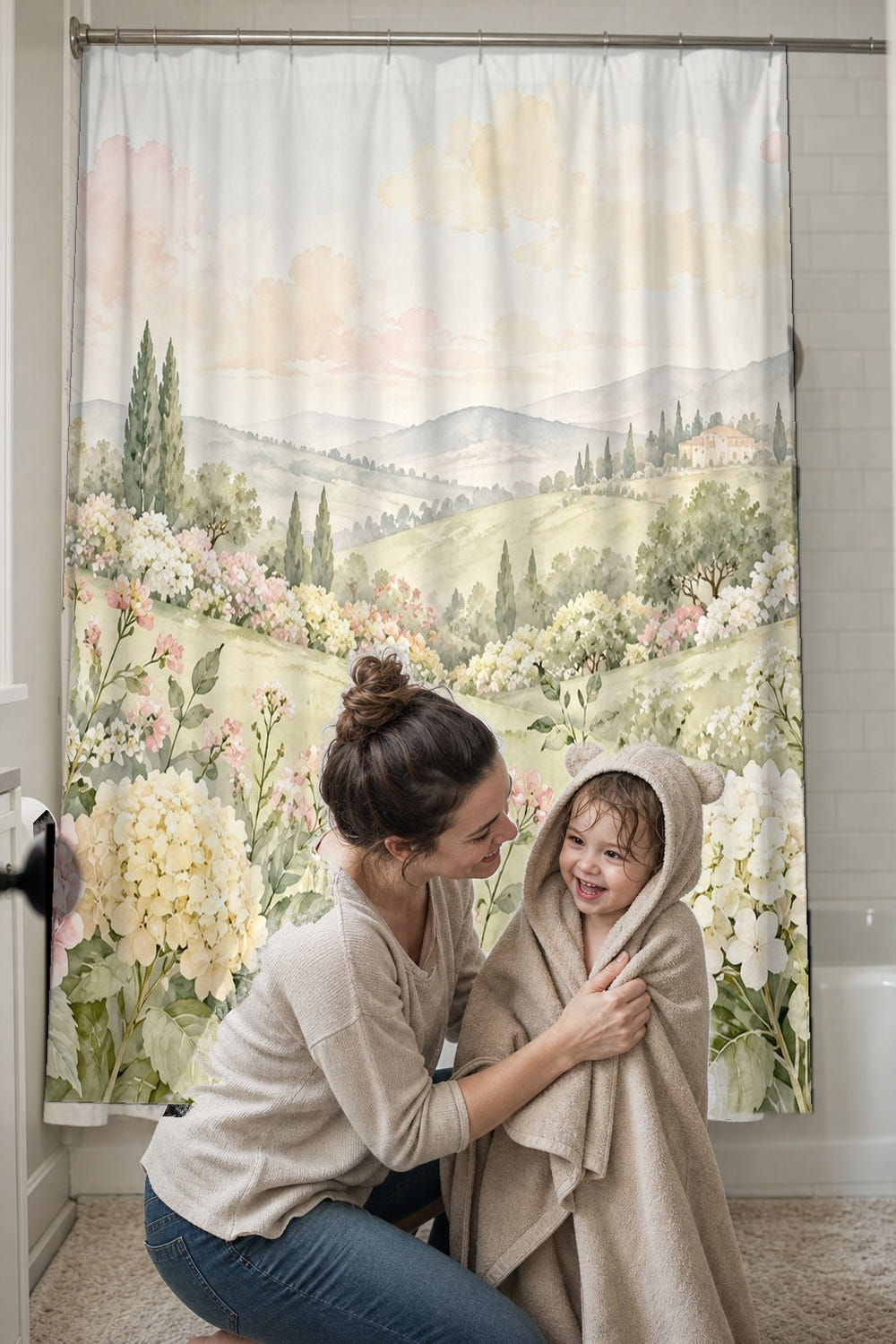 Hydrangea Garden shower curtain, full front view of the 71 x 74 in fabric curtain