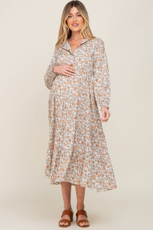 Beige Floral Button Front Long Sleeve Tiered Maternity Midi Dress