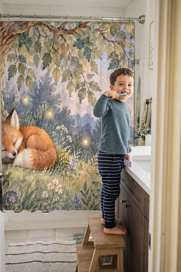 Child brushing teeth in a family bathroom with the Sleepy Fox shower curtain
