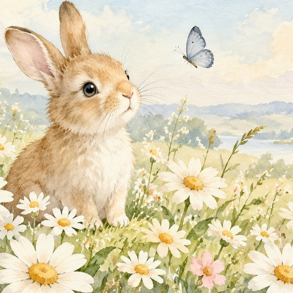 Daisy Meadow Bunny kids rug, close up of the watercolor artwork