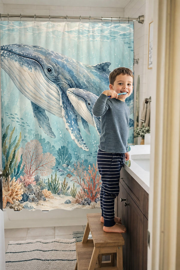 Child brushing teeth in a family bathroom with the Whale Family Ocean shower curtain