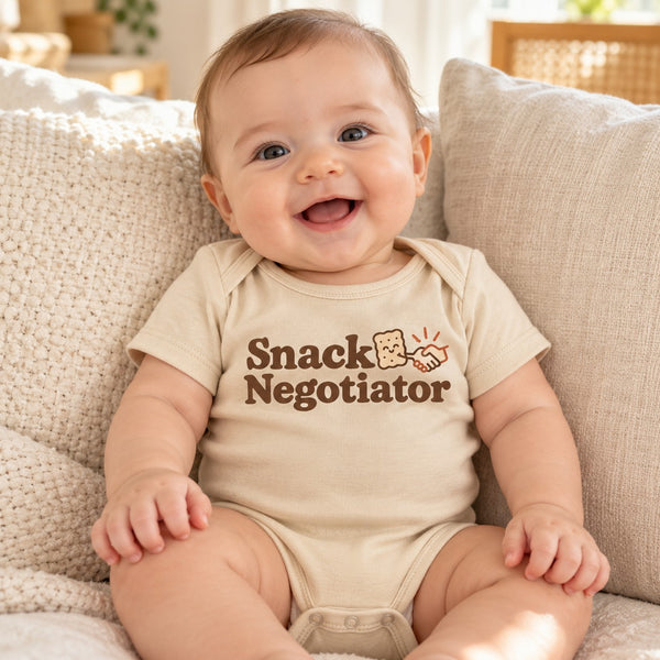 Baby wearing the Snack Negotiator baby bodysuit