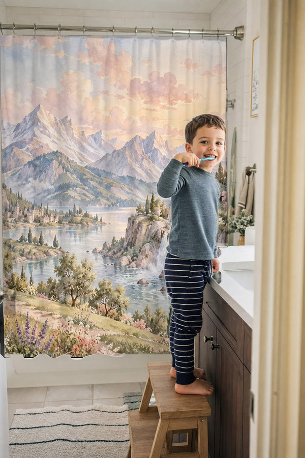 Child brushing teeth in a family bathroom with the Dreamy Kingdom Fairy Tale shower curtain
