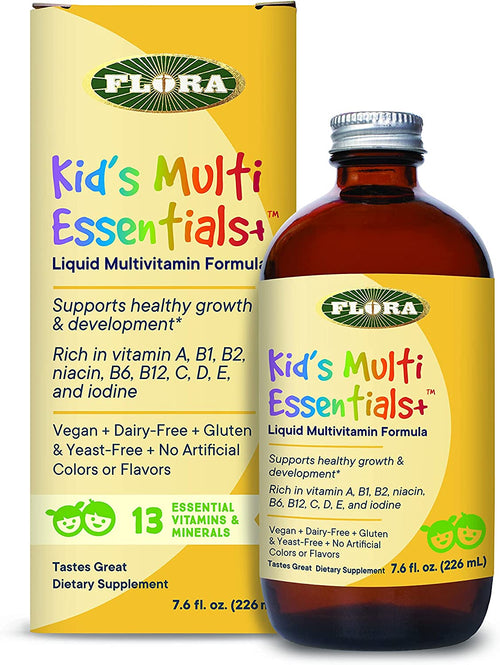 Flora Kids Essential Multivitamin Liquid - 7.6 Fl Oz bottle, angle view showcasing vibrant packaging for children's health.