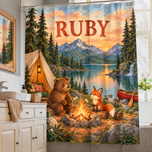 Camping Adventure personalized kids shower curtain over a bathtub