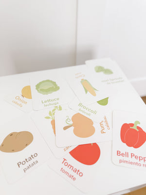 "Colorful vegetable flashcards for babies, promoting learning and play in a stylish furniture setting."