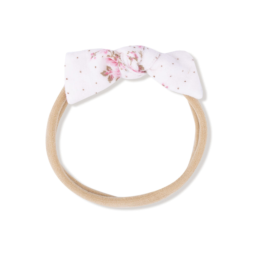 Belle Rosette Dot bow on a soft nylon headband for babies, perfect for hats, socks, and mittens outfits.