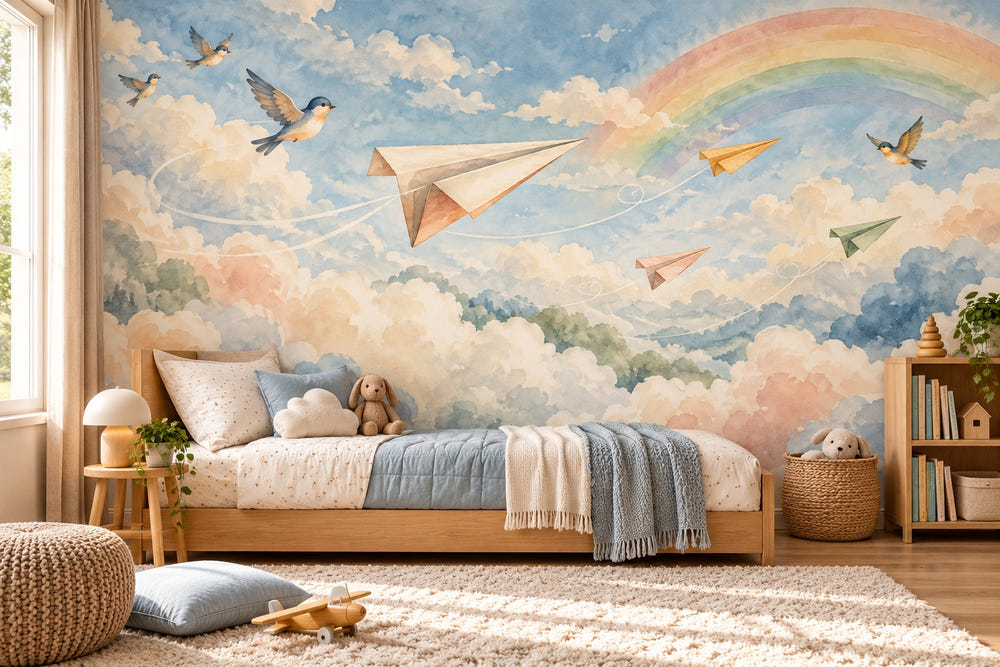 Watercolor Paper Planes Wall Mural, image 1