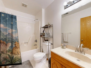 Moonlit Dinosaurs shower curtain on a tub shower combo in an American family bathroom