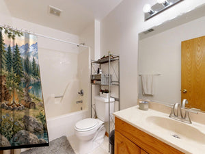 Woodland Adventure Camping shower curtain on a tub shower combo in an American family bathroom