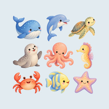 Baby Ocean Animal Wall Decals, Set of 9, image 1