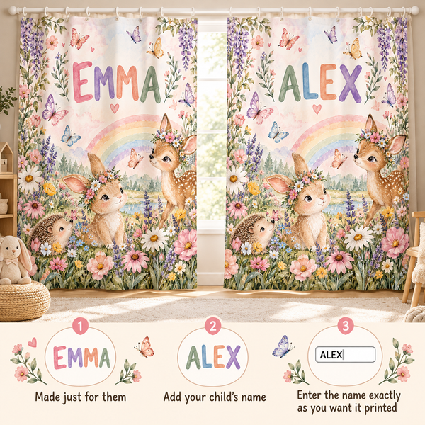 Add your child's name to the Rainbow Garden shower curtain