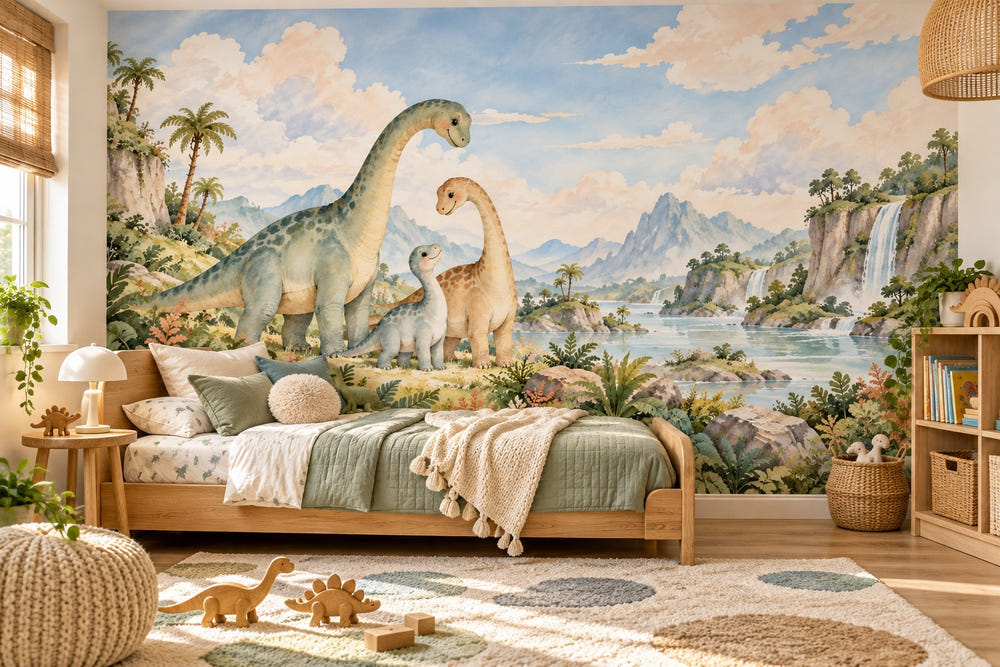 Watercolor Long Neck Family Dinosaur Wall Mural, image 1