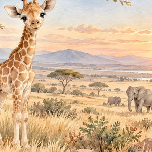 Baby Giraffe Safari kids rug, close up of the watercolor artwork