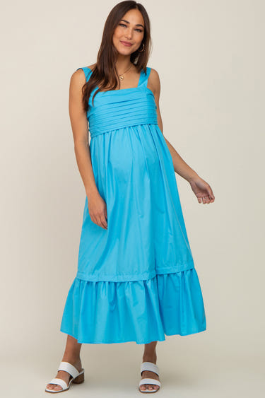 Aqua pleated back tie maternity midi dress for stylish and comfortable pregnancy wear.