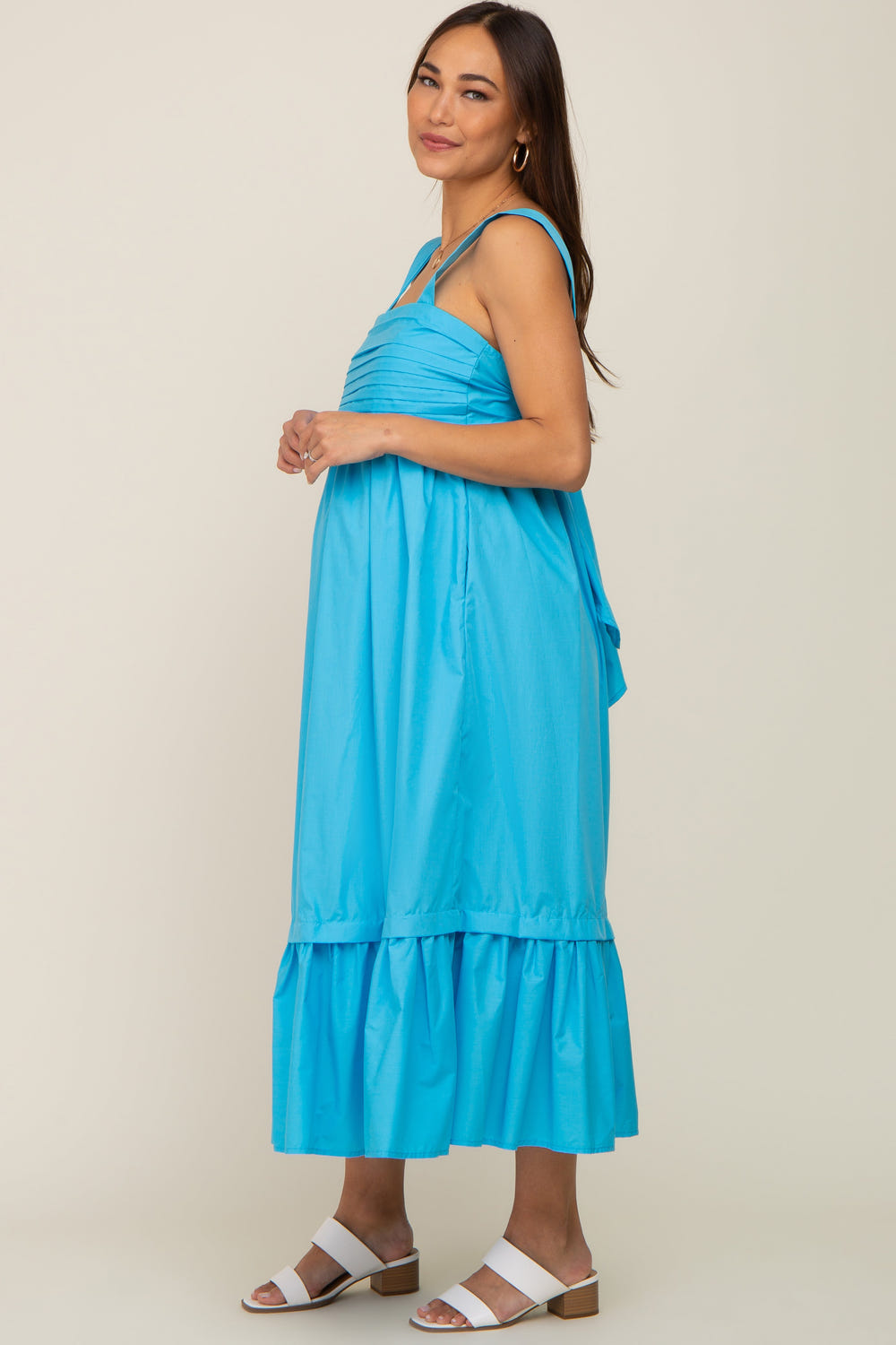 Aqua pleated back tie maternity midi dress for stylish and comfortable pregnancy wear.