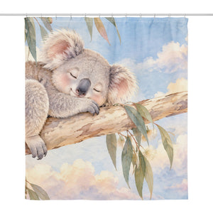 Sleepy Koala shower curtain, full front view of the 71 x 74 in fabric curtain