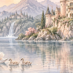 Lakeside Castle Fairy Tale shower curtain, close up of the watercolor artwork
