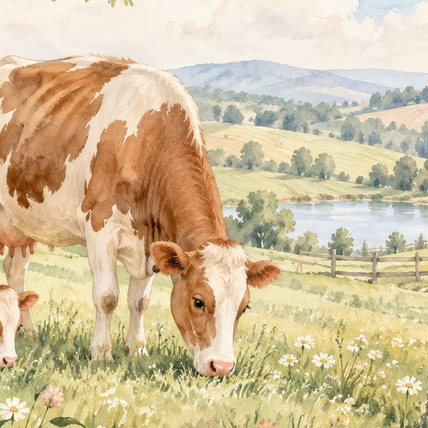 Cow and Calf Farm kids bath mat, close up of the watercolor artwork