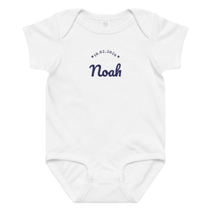 Embroidered baby name bodysuit, white bodysuit with navy thread
