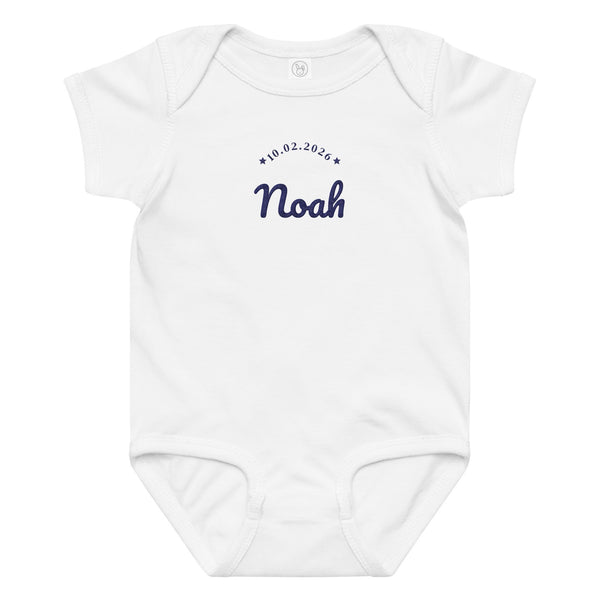 Embroidered baby name bodysuit, white bodysuit with navy thread