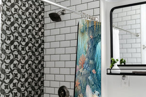 Treasure Cove Ocean shower curtain in a modern farmhouse bathroom with subway tile