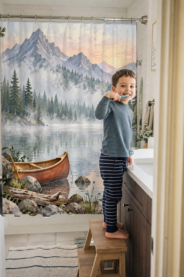 Child brushing teeth in a family bathroom with the Canoe Lake Camping shower curtain