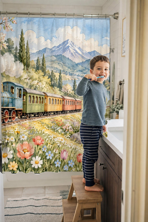 Child brushing teeth in a family bathroom with the Flower Meadow Train shower curtain