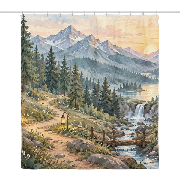 Mountain Camp Camping shower curtain, full front view of the 71 x 74 in fabric curtain