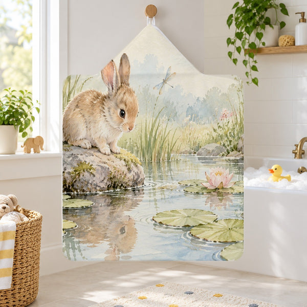 Quiet Garden Pond Bunny kids hooded bath towel hanging in a kids bathroom