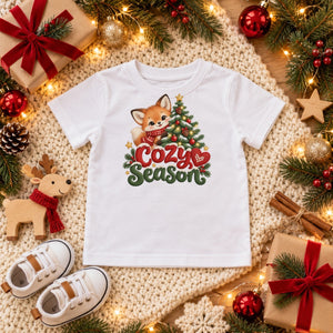 Cozy Season toddler t-shirt in white, Christmas flat lay
