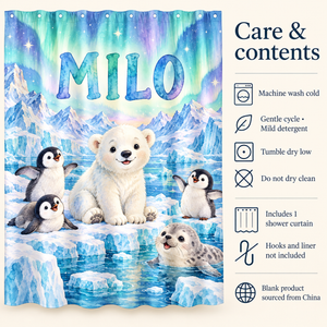 Care and contents of the Arctic Friends personalized kids shower curtain