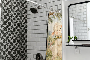 Lamb and Bunny Music shower curtain in a modern farmhouse bathroom with subway tile