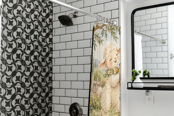 Lamb and Bunny Music shower curtain in a modern farmhouse bathroom with subway tile