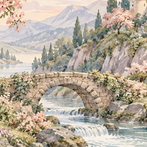 Woodland Castle Fairy Tale shower curtain, close up of the watercolor artwork