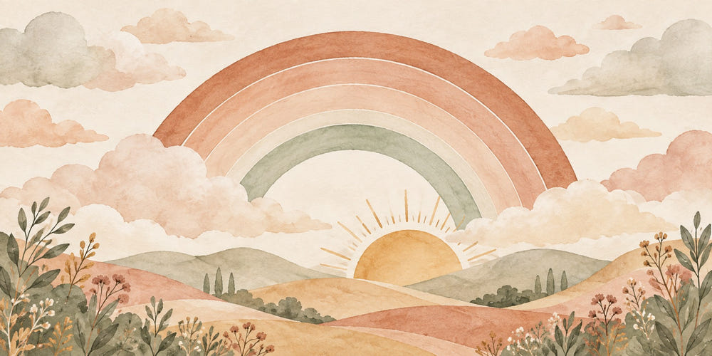 Watercolor Rainbow Sunrise Hills Wall Mural, image 1