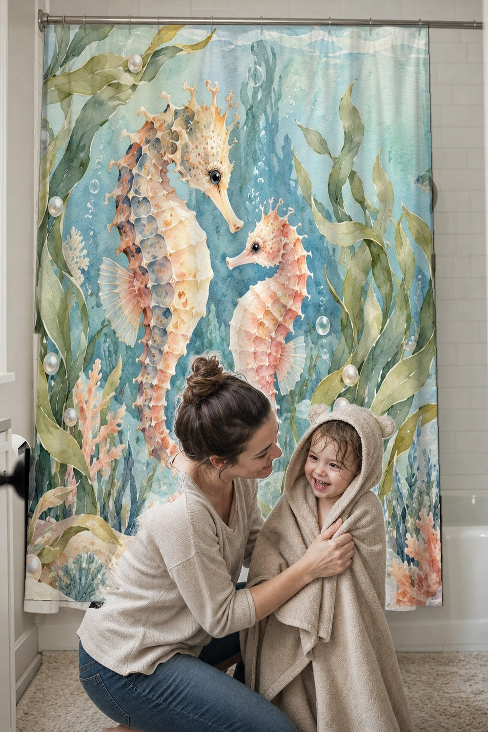Seahorse Pair Ocean shower curtain, full front view of the 71 x 74 in fabric curtain