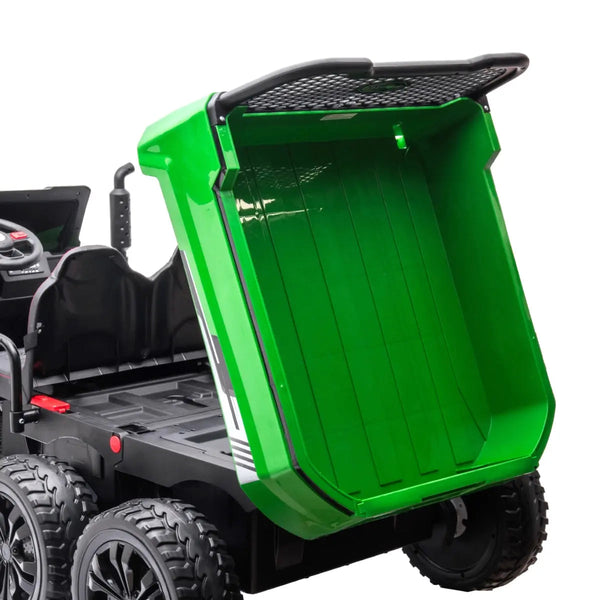 24V Freddo Tractor Trailer ride-on for kids, 2-seater with dump cart and parental remote, angled view.