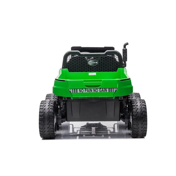 24V Freddo Tractor Trailer Ride-on, 2-seater with dump cart, parental remote, shown from angle 5.