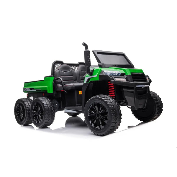 24V Freddo Tractor Trailer ride-on car for kids, 2-seater with dump cart and parental remote, angled view.