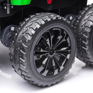 24V Freddo Tractor Trailer ride-on for kids, 2-seater with dump cart and parental remote, angled view.