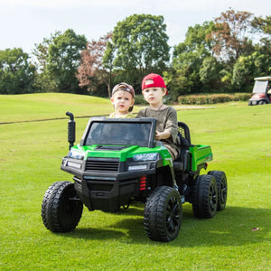 24V 6 Wheeler Freddo Tractor Trailer Ride-on for kids with dump cart and remote, shown from angle 6.