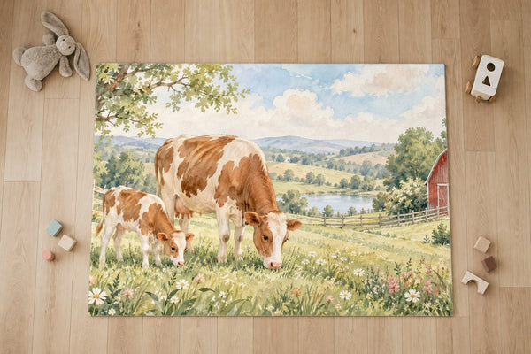 Top view of the Cow and Calf Farm kids area rug on a wood floor