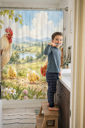 Child brushing teeth in a family bathroom with the Chicks Field Farm shower curtain