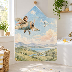 Vintage Airplane kids hooded bath towel hanging in a kids bathroom
