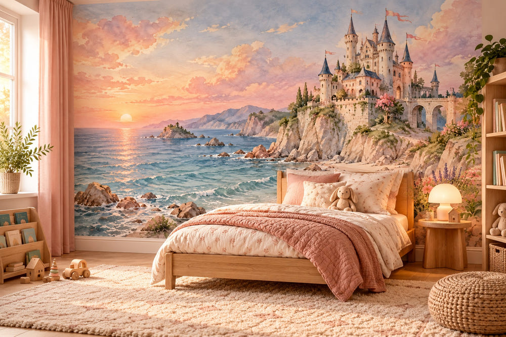 Watercolor Seaside Castle Fairy Tale Wall Mural, image 1