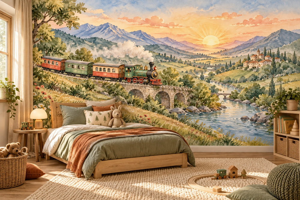 Watercolor Sunrise Train Wall Mural, image 1