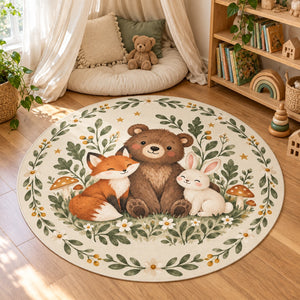 Woodland nursery rug in a reading corner with a cream canopy and wooden bookshelf