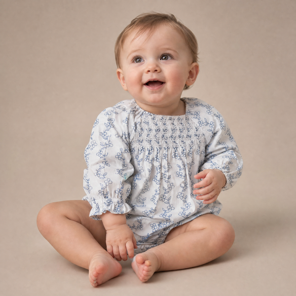 Organic Smocked Long Sleeve Romper - Bluebell Vine